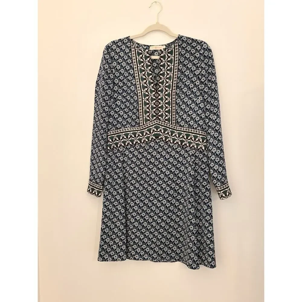 Tory Burch Long Sleeve Dress Goemetric/Floral Pattern Blue Green V-neck Size 6